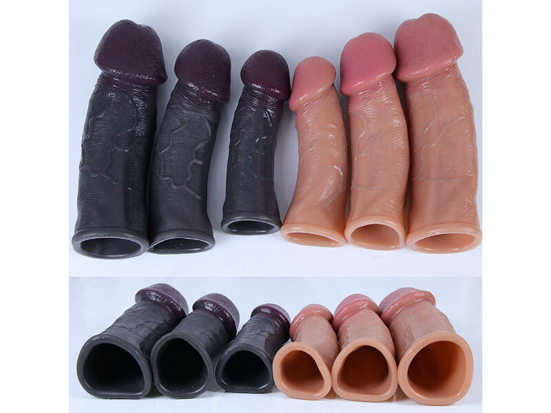 WATCH VIDEO, 5 Size Realistic Penis Sleeve Penis Extender Beige Color