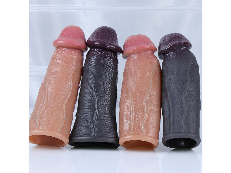 WATCH VIDEO 5 Size Size Black Realistic Penis Sleeve Penis Extender (BLACK)