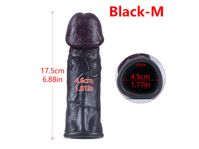WATCH VIDEO 5 Size Size Black Realistic Penis Sleeve Penis Extender (BLACK)
